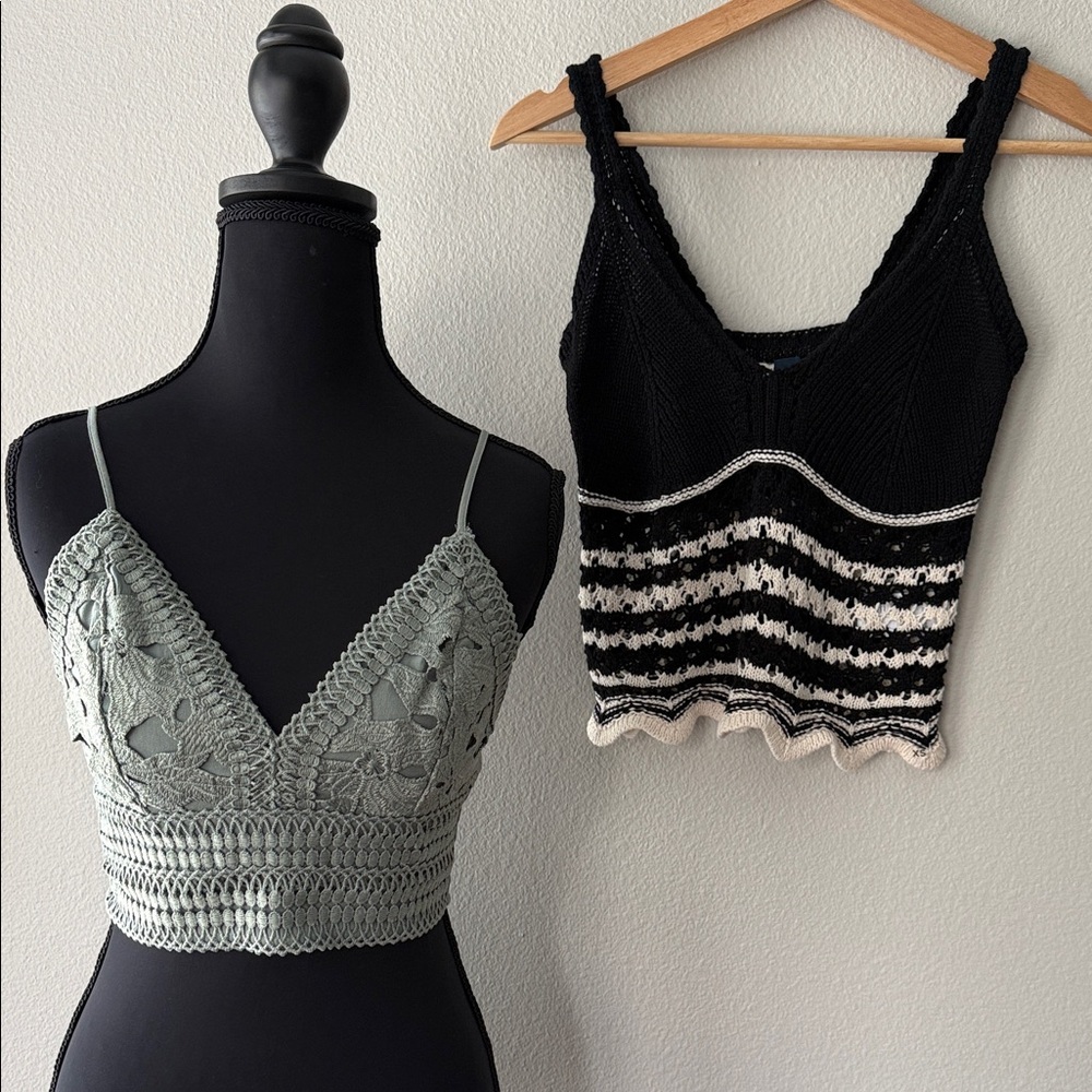 Crochet Bralette Camisole in Sage Green and Black Knit Tank